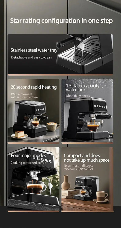 Compact Semi Automatic Espresso Coffee Maker With Built In Steam Wand For Lattes And Cappuccinos showing stainless steel water tray and 1.5L tank.