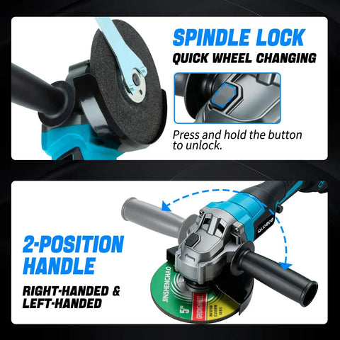 Cordless Four And A Half Inch Brushless Angle Grinder With Dual 4Ah Batteries And Charger showing spindle lock and handle positions.