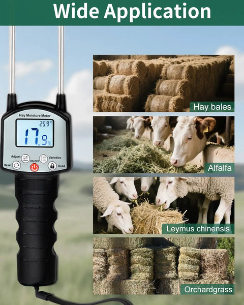 Portable Hay Moisture Meter With Dual Probe Forage Tester Fast Accurate Readings From 0 To 80 Percent With Auto Temperature Compensation Great For Alfalfa Orchard Grass And Bales Helps You Nail Harvest Timing And Safe Stocking, black handheld meter showing 17.9% moisture
