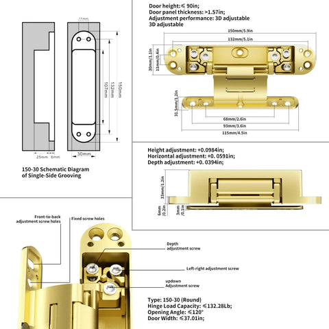 Rock Solid Heavy Duty 6 Inch Hidden Door Hinge With No Drama 3 Way Adjustment For Secret Doors schematic dimensions and adjustments.