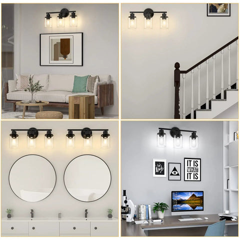 Three-Light Black Bathroom Wall Light With Clear Glass Shades, Modern Vanity Light Over Mirror in living room and office setups.