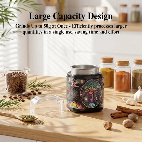One Touch Electric Spice Grinder 200W Power With Stainless Steel Blades Sleek Black Pattern Design on kitchen counter