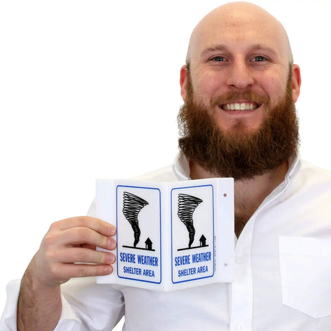 Man holding Severe Weather Shelter Area Projecting Sign 5 By 6 Inch Acrylic Outdoor Heavy Duty Direct Printed Safety Sign