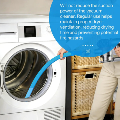 Person using Dryer Vent Cleaner Kit With Universal Vacuum Hose Attachment on a front-loading dryer to remove lint.