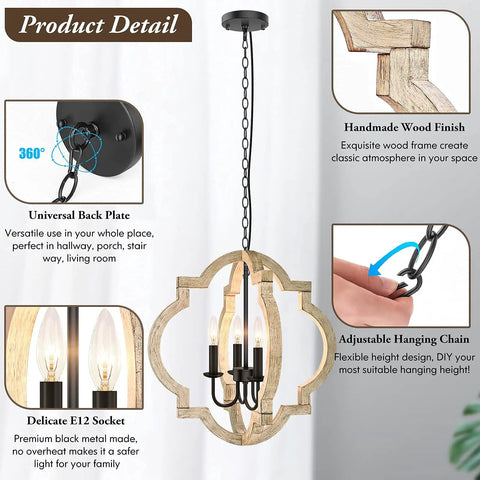 Cozy Farmhouse Orb Chandelier Four Light Rustic Pendant Ceiling Lights With Adjustable Wood Frame And Black Metal Sockets