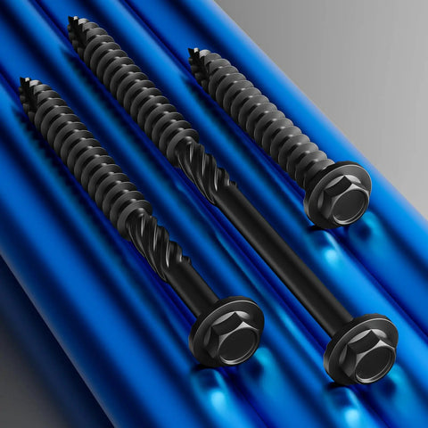 Black Hex Lag Screws Structural Wood Screws Heavy Duty Exterior Hardware Rust Resistant Washer Head 32 Pack on blue background