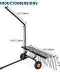 Side view of a 60 Inch Tow Behind Landscape Rake For ATVs And Mowers with steel teeth and wheels, dimensions displayed.