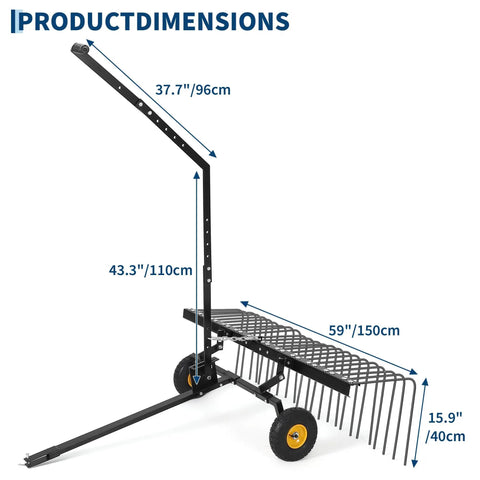 Side view of a 60 Inch Tow Behind Landscape Rake For ATVs And Mowers with steel teeth and wheels, dimensions displayed.