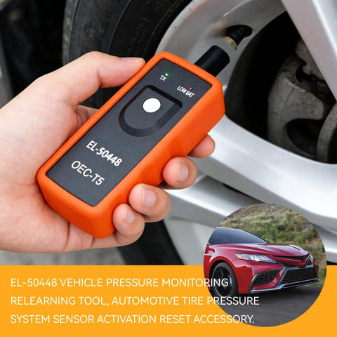 Expert Grade Tpms Relearn Tool And Tire Pressure Sensor Activation Programmer EL 50448 OEC T5 held near a tire valve for activation.