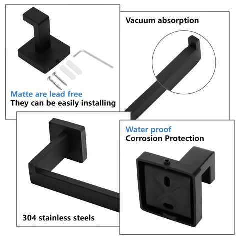 Matte Black 7-Piece Bathroom Accessories Set components showing 24 inch towel bar, material details, and installation hardware
