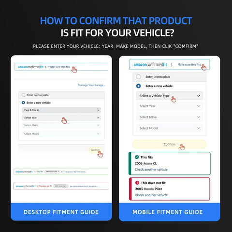 Vehicle fitment guide on Amazon website showing desktop and mobile interface for confirming product compatibility.