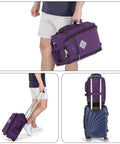 Man carrying Rolling Personal Item Under Seat Duffle Bag 17x10x9 Inches Fits Most Major Airlines Including Spirit and Frontier