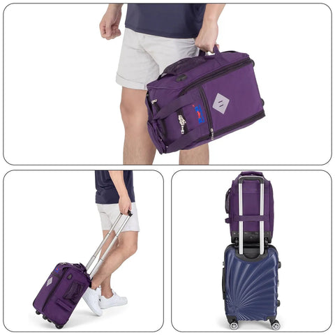 Man carrying Rolling Personal Item Under Seat Duffle Bag 17x10x9 Inches Fits Most Major Airlines Including Spirit and Frontier