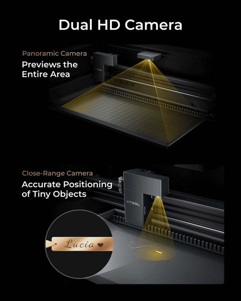 xTool P2S 55W CO2 laser cutter and engraver with dual HD cameras; desktop device for wood, metal, acrylic