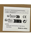 Warning label on packaging with disposal instructions, CE mark, and manufacturer information for Heavy Duty Electric Stretch Film Dispenser For Pallet Wrapping With Lightning Fast Motor And Auxiliary Turntable Crafted For The Daily Hustle At Loading Docks And Busy Distribution Hubs.