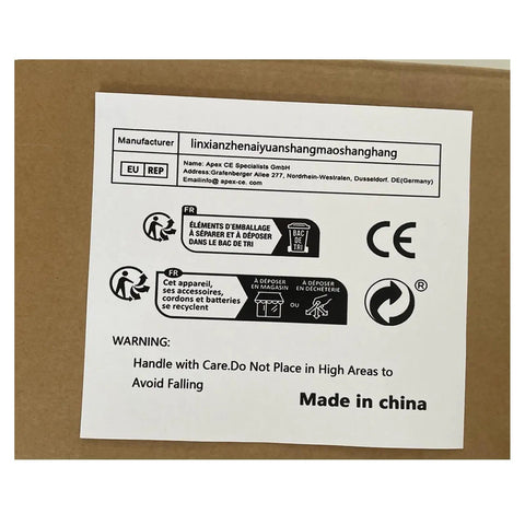 Warning label on packaging with disposal instructions, CE mark, and manufacturer information for Heavy Duty Electric Stretch Film Dispenser For Pallet Wrapping With Lightning Fast Motor And Auxiliary Turntable Crafted For The Daily Hustle At Loading Docks And Busy Distribution Hubs.