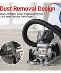 Professional Handheld Electric Circular Saw Featuring Quick Set Cutting Guide And High Torque Copper Motor Slams Right Through Plywood Tile And Plastic Pipes With Dead Steady 3500 Rpm Speed dust removal design with extraction outlet and tube in use on a work surface.