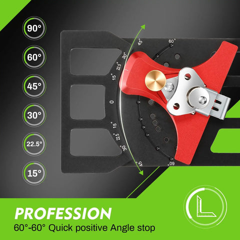 Heavy Duty Track Saw Square With Quick Positive Angle Stops For Dead On Miter Cuts compatible with Festool Makita Milwaukee showing adjustable angle stops.