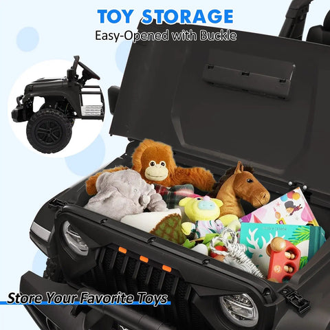 Huge 24V Ride On Car With Remote Control For Big Kids, front storage area filled with toys, 4WD, Two Seater, Black