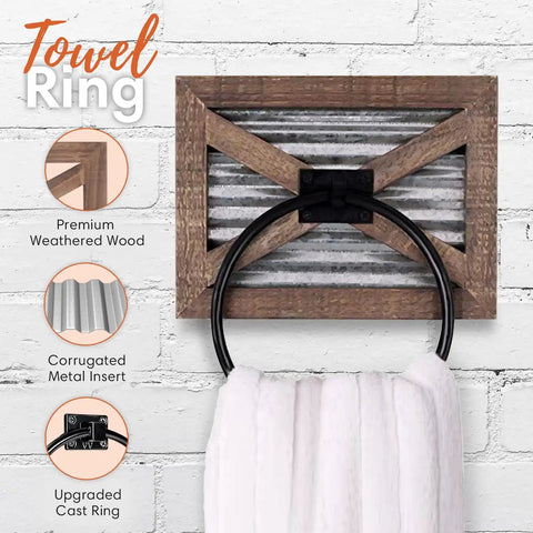 Rustic Farmhouse Toilet Paper Holder And Towel Holder Set Wall Mounted with weathered wood and metal accents, towel hanging