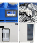 Built Tough Industrial Evaporative Air Conditioner With Extendable Cooling Ducts 220 Volt 910 Cubic Meters Per Hour Airflow control panel and fan details.