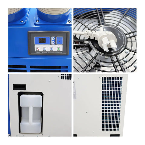 Built Tough Industrial Evaporative Air Conditioner With Extendable Cooling Ducts 220 Volt 910 Cubic Meters Per Hour Airflow control panel and fan details.