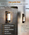 Dope Black And Gold Outdoor Wall Sconce Set Of 2 on a stone wall, featuring etched opal glass and durable frame with anti-corrosion benefits