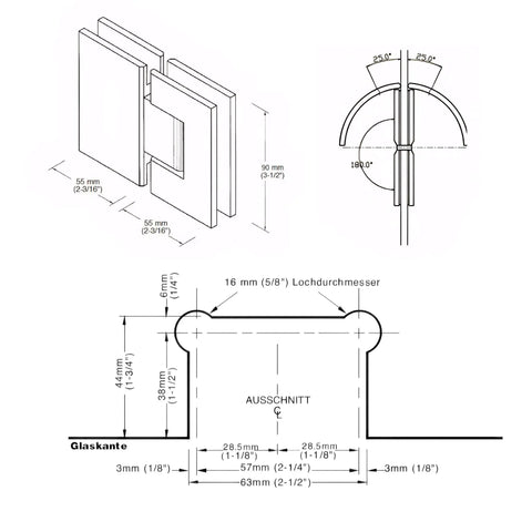 Diagram of Heavy Hitter Solid Brass Shower Door Hinges, 180 Degree Smooth Swing Pivot Kit dimensions and installation details.