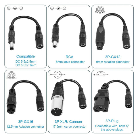 Seven In One Universal 54.6V 2A Ebike Charger connectors showing different plug types for 48V Li Ion 13S Batteries