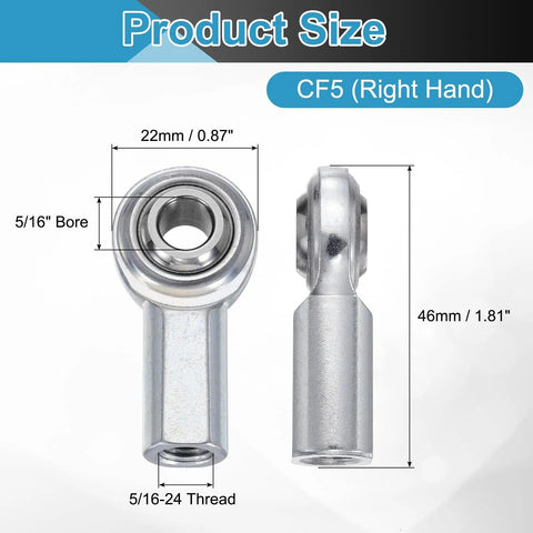 CF5 Rod End Bearing 4 Pack 5/16 Bore 5/16-24 Right Hand Female Thread Self Lubricating Joint With Jam Nuts Chrome Steel Tough High Load Capacity Angular Misalignment Up To 11 Degrees Great For Auto And Machinery. Side view with 5/16 bore and 5/16-24 thread