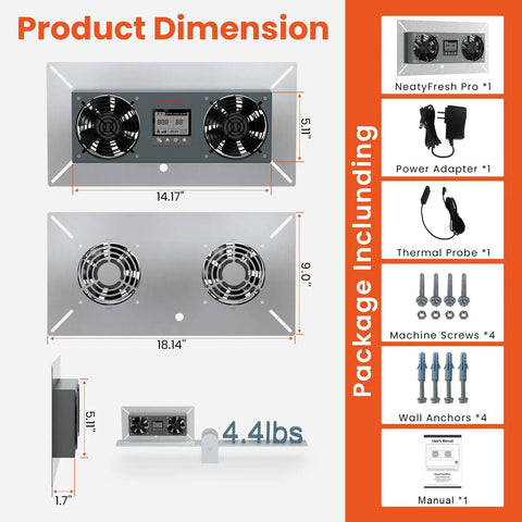 Crawlspace Ventilation Fan With Humidistat And Temperature Controller, 240 CFM Wall Mount Exhaust dimensions and package contents.