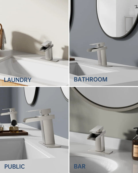 Waterfall Bathroom Faucet In Brushed Nickel Modern Single Handle Or 3 Hole Sink Faucet With Deck Plate And Pop Up Drain Easy Clean Finish Stylish Washbasin Tap For Any Bathroom Vanity shown in varied settings like bathroom and laundry.