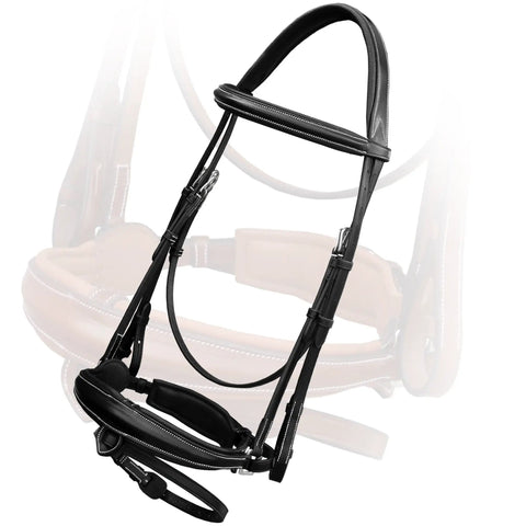 Dressage Bridle With Crank Noseband For Horses, Padded Anatomic Veg Tanned Leather Set With Web Reins displayed.