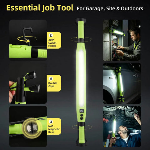 Two Pack Rechargeable LED Work Light Set with magnetic base, hooks, clamps, in use for garage and car repair at 3000 lumens.