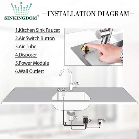 Installation diagram for Matte Black Air Switch Kit With Long Button For Garbage Disposal Single Outlet Full Brass Construction