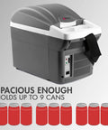 Compact 6 Quart Thermoelectric Cooler And Warmer For Car Rv And Truck, Mini fridge holds up to 9 cans, grey with strap.