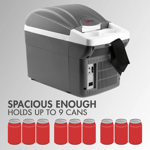 Compact 6 Quart Thermoelectric Cooler And Warmer For Car Rv And Truck, Mini fridge holds up to 9 cans, grey with strap.