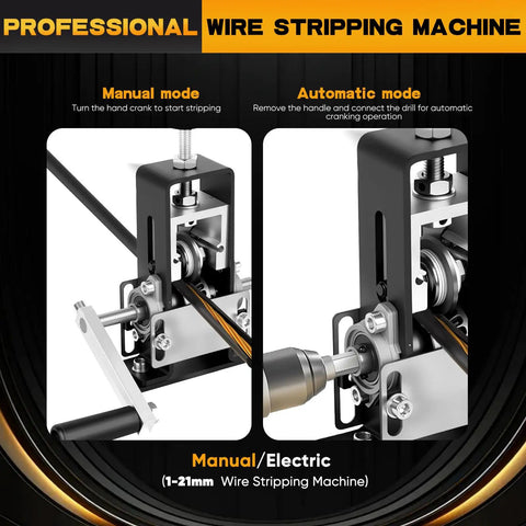 Dual Mode Wire Stripper Tool For Scrap Copper, Drill Powered And Manual Crank, close-up of manual and automatic modes
