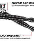 Close-up of 5 Piece Spring Loaded Woodworking Kit with comfort grip and black oxide finish for durable use.