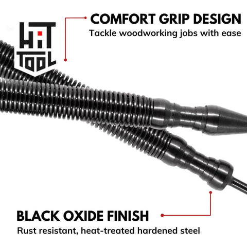 Close-up of 5 Piece Spring Loaded Woodworking Kit with comfort grip and black oxide finish for durable use.
