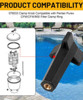 Slick Pool Filter Pump Clamping Band Knob Fits Pentair SMBW 2000 4000 Series Replace 076033 in black, showing compatibility diagram.