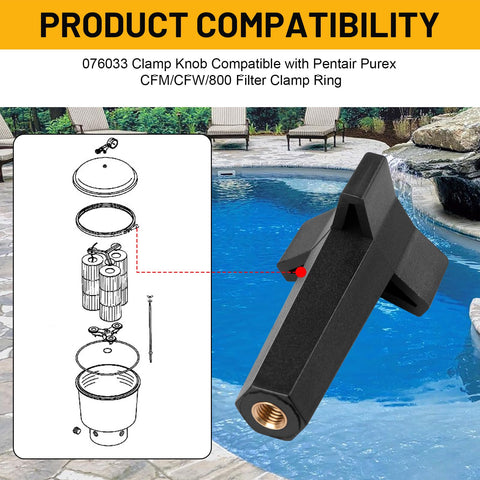 Slick Pool Filter Pump Clamping Band Knob Fits Pentair SMBW 2000 4000 Series Replace 076033 in black, showing compatibility diagram.