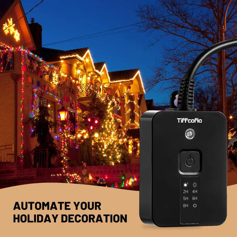 Heavy Duty Waterproof Outdoor Timer With Super Slick 100 Ft Remote And Dusk To Dawn Sensor Countdown displayed with holiday lights.