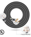 Heavy Duty 3 Prong Dryer Extension Cord 30 Amp NEMA 10-30P To 10-30R With Lighted End, 10 Feet, UL Certified with plug detail.