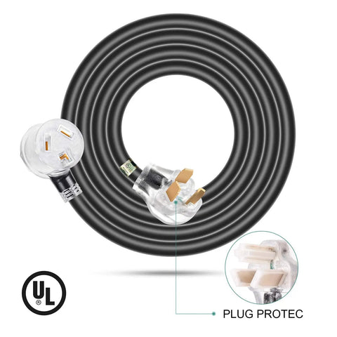 Heavy Duty 3 Prong Dryer Extension Cord 30 Amp NEMA 10-30P To 10-30R With Lighted End, 10 Feet, UL Certified with plug detail.