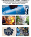 Examples of engravings on wood, porcelain, denim, and paper using a 10W Pro Laser Engraver With Air Assist, Falcon Pro 10W CNC.