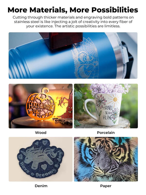 Examples of engravings on wood, porcelain, denim, and paper using a 10W Pro Laser Engraver With Air Assist, Falcon Pro 10W CNC.