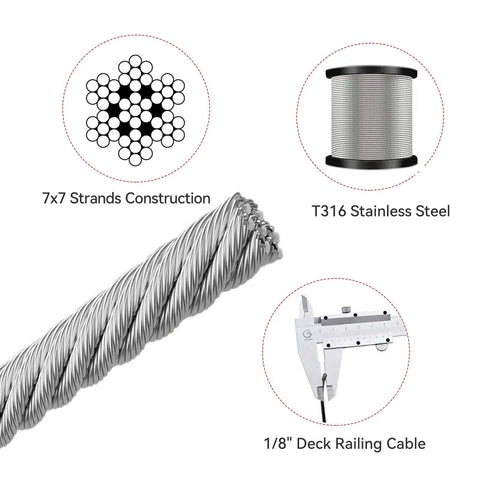 Diagram of 7x7 braid and caliper measurement for One Eighth Inch T316 Stainless Steel Deck Railing Cable 1000 Ft Roll