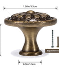 Antique Brass Cabinet Knobs 10 Pack Solid Zinc Alloy Vintage Drawer Knobs with dimensions and adjustable screws for Dresser Nightstands.