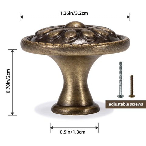 Antique Brass Cabinet Knobs 10 Pack Solid Zinc Alloy Vintage Drawer Knobs with dimensions and adjustable screws for Dresser Nightstands.